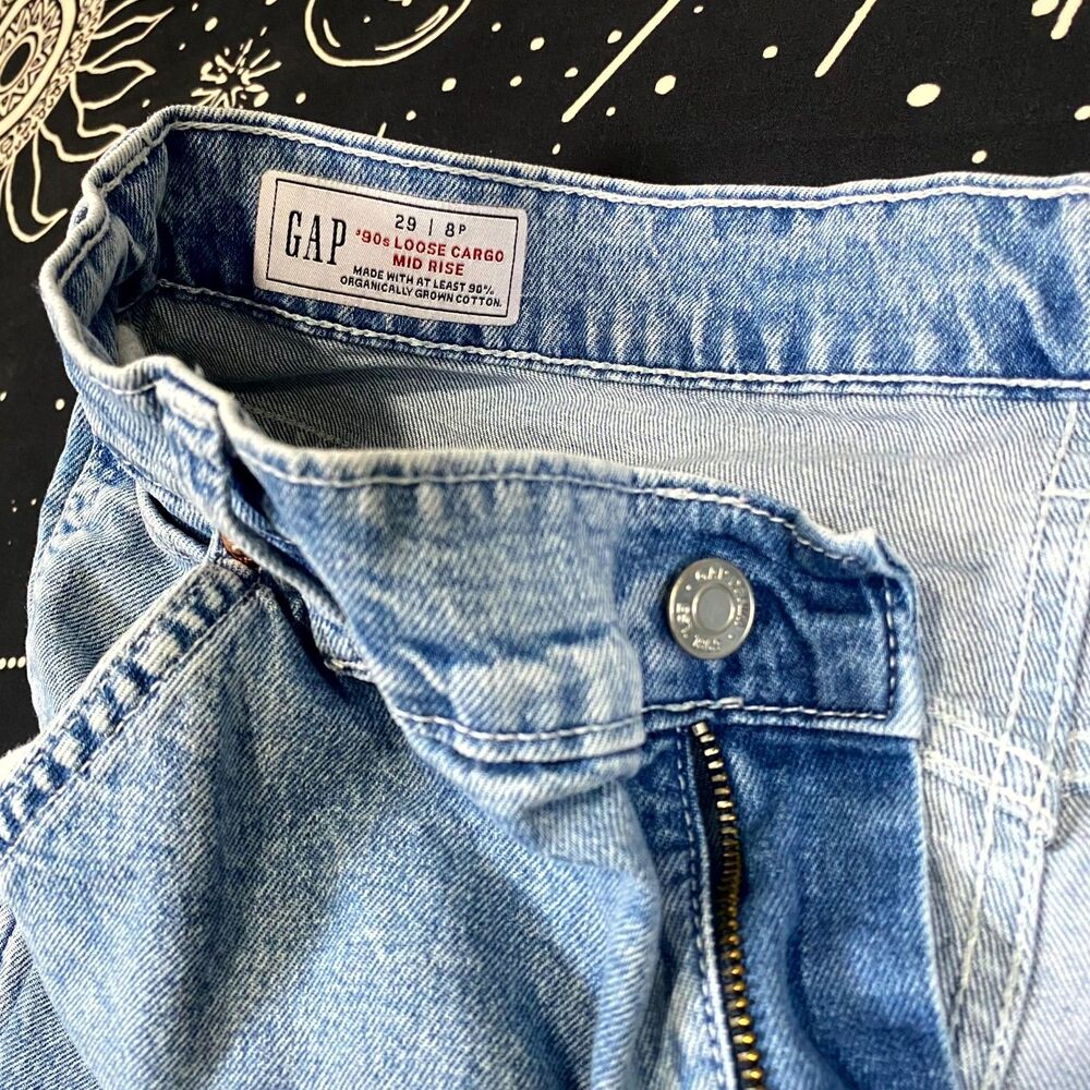 VTG Gap Jeans Women's 8P Blue Denim Straight Cargo Loose Mid-Rise Stretch 90's - Picture 3 of 7